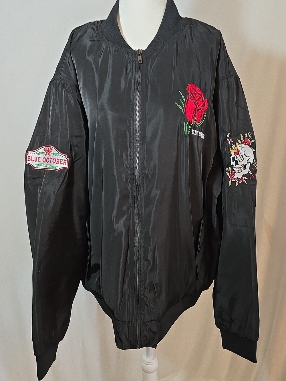 Black Embroidered Men's Blue October Bomber Jacket - Rose & Skull Details